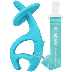 Mombella Elephant Teether front view with blue silicone for teething relief