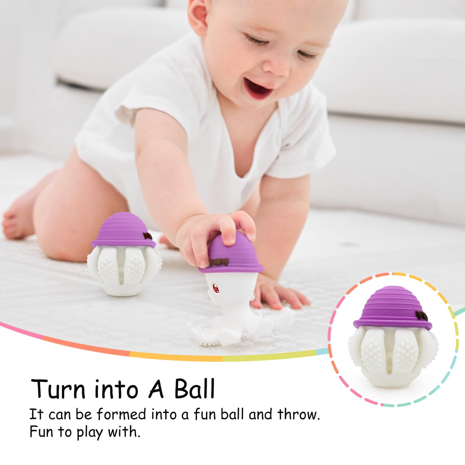 Mombella Octopus teether whistling body press creates playful sounds.