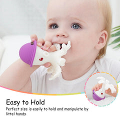 Mombella Octopus teether water-filled body sprays a gentle water column.