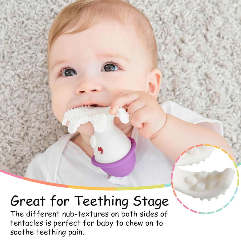 Mombella Octopus teether features two textured tentacles for multi-sensory relief.