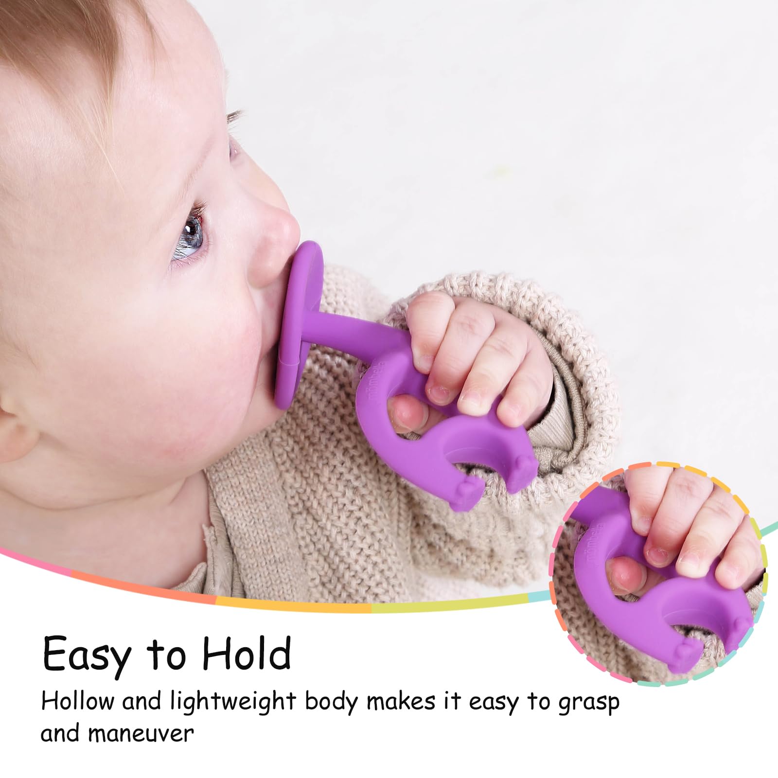 Mombella silicone teether closeup with soft textures for gums.