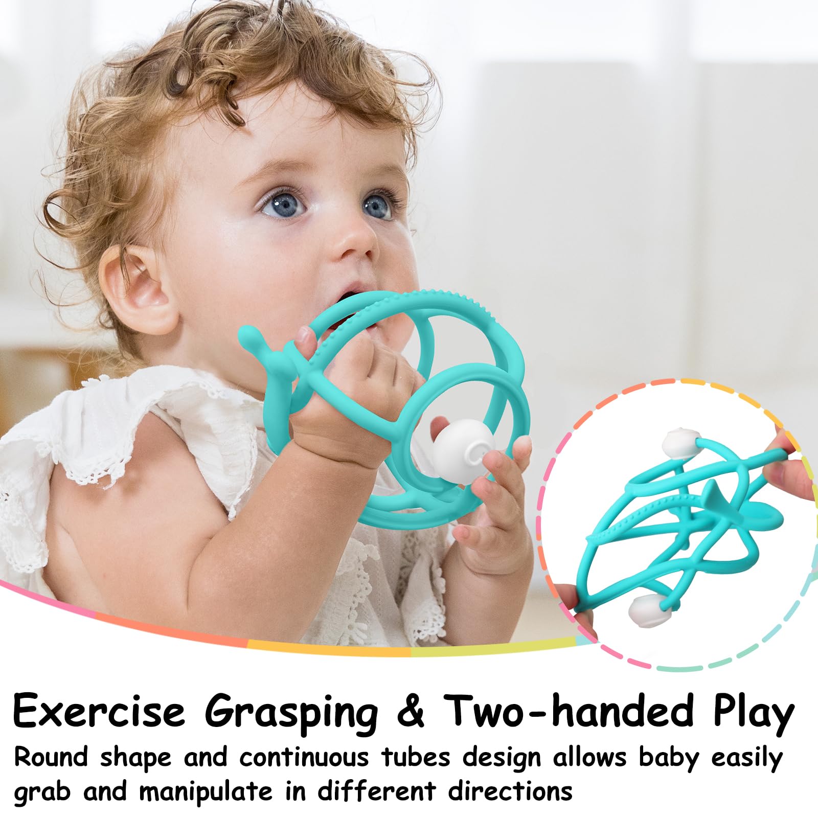 Mombella snail teether features eyes for soothing visual interest.