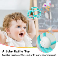 Mombella snail teether with rattle sound attracts baby attention.