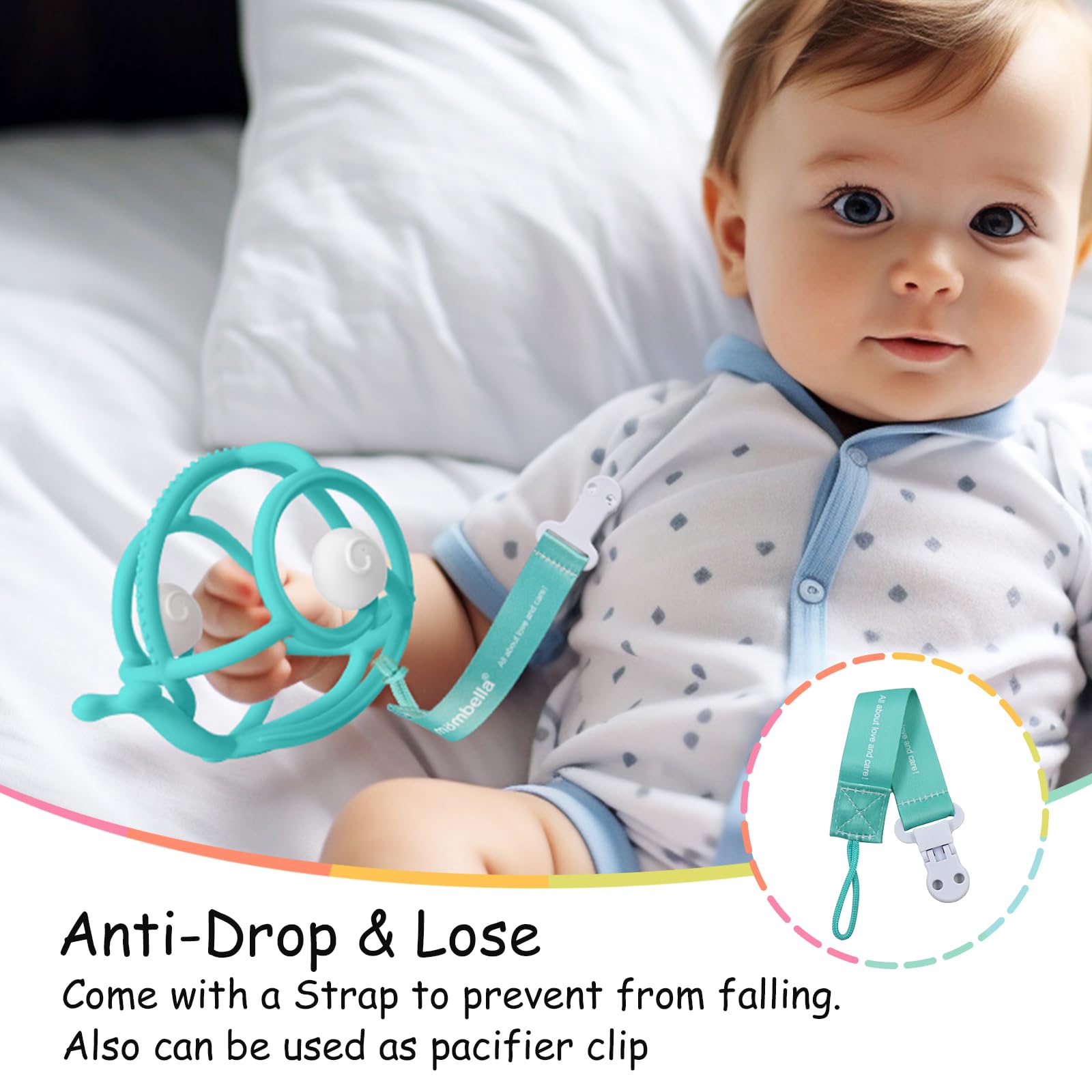 Mombella snail teether strap clip keeps toy secure.