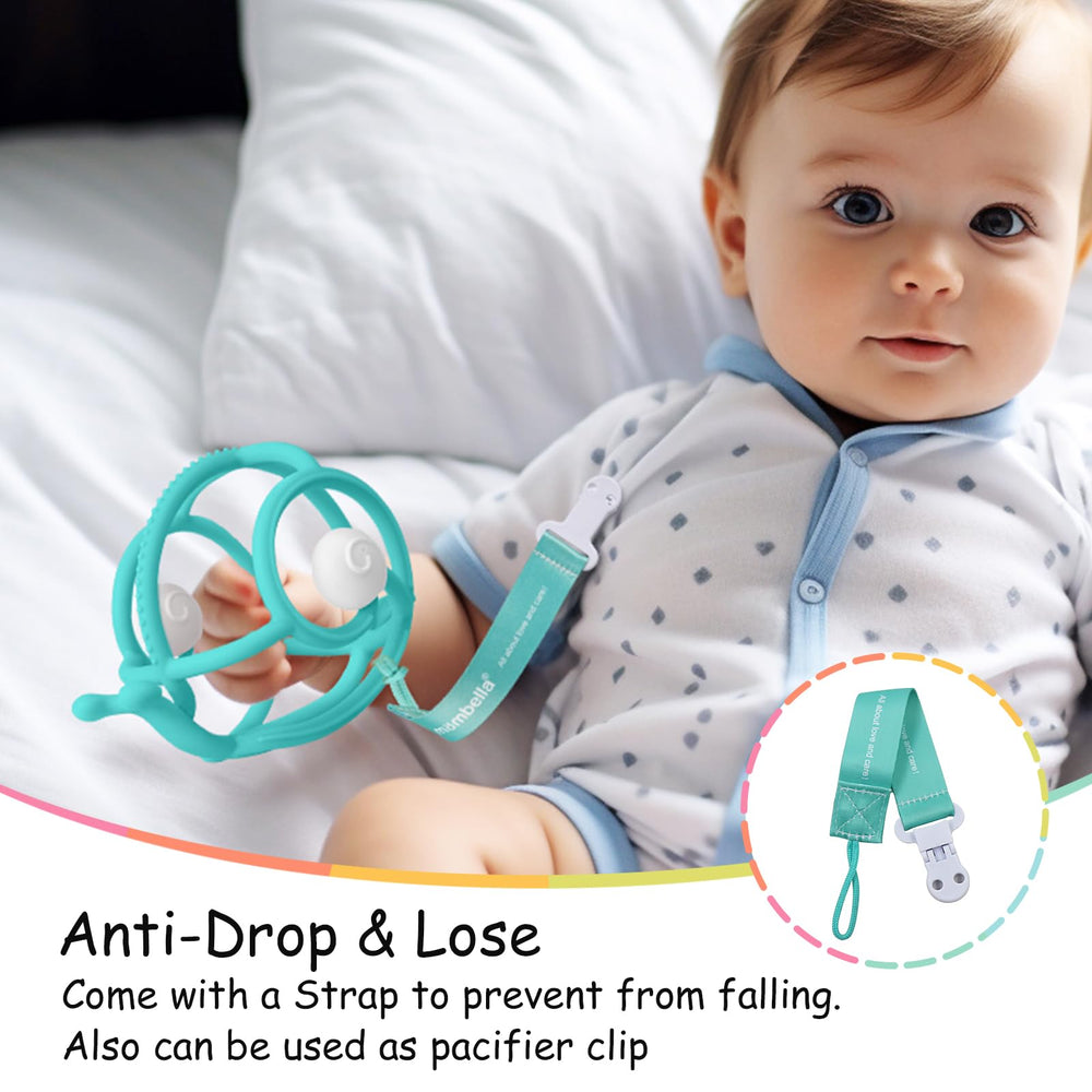 Mombella snail teether strap clip keeps toy secure.