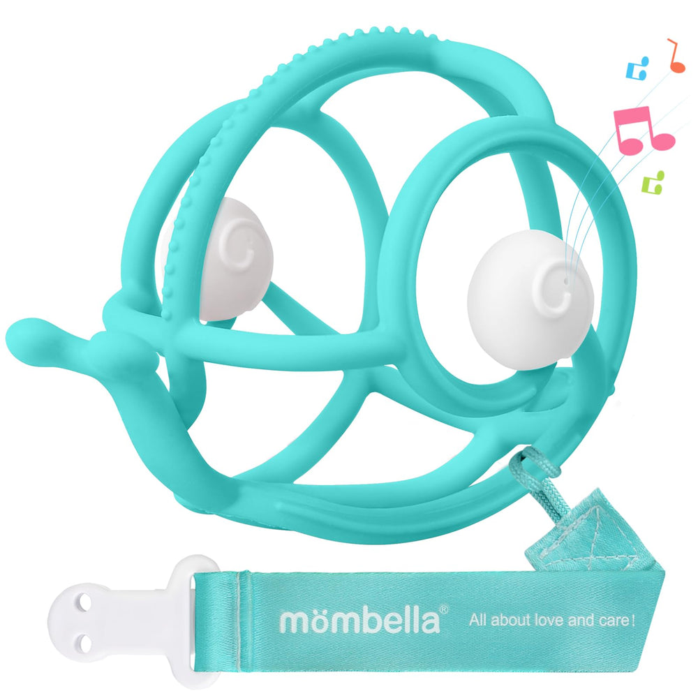 Mombella snail teether teal closeup showing safe silicone for soothing gums.