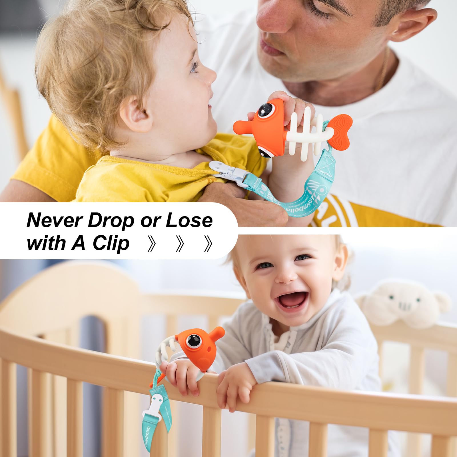 Mombella clownfish teether dishwasher-freezer-safe symbol emphasizes easy cleaning after playtime.