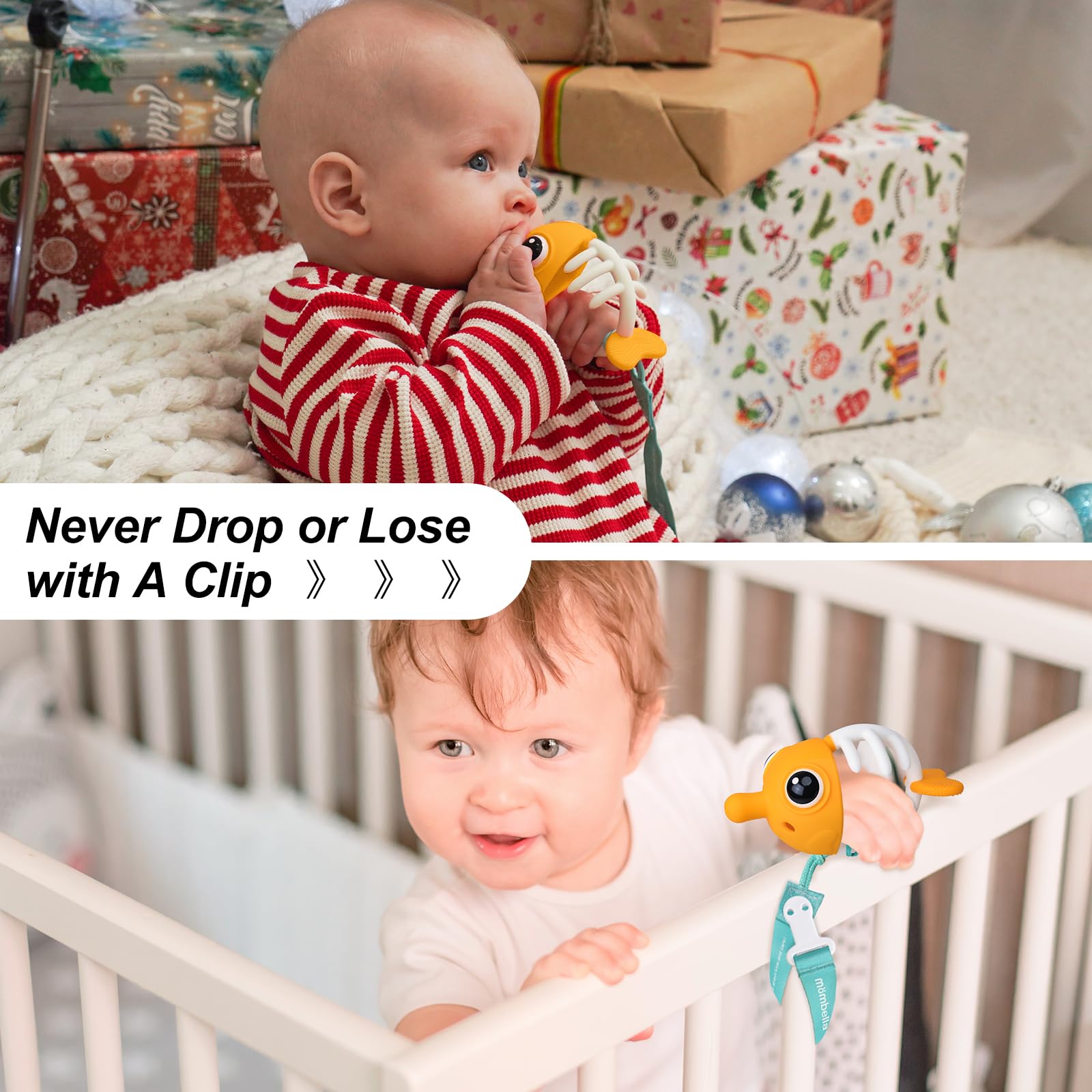 Mombella teether with secure lanyard keeps toys within reach