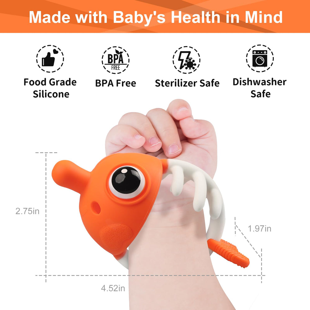 Mombella clownfish teether eyes serve as a fidget feature supporting fine motor exploration.