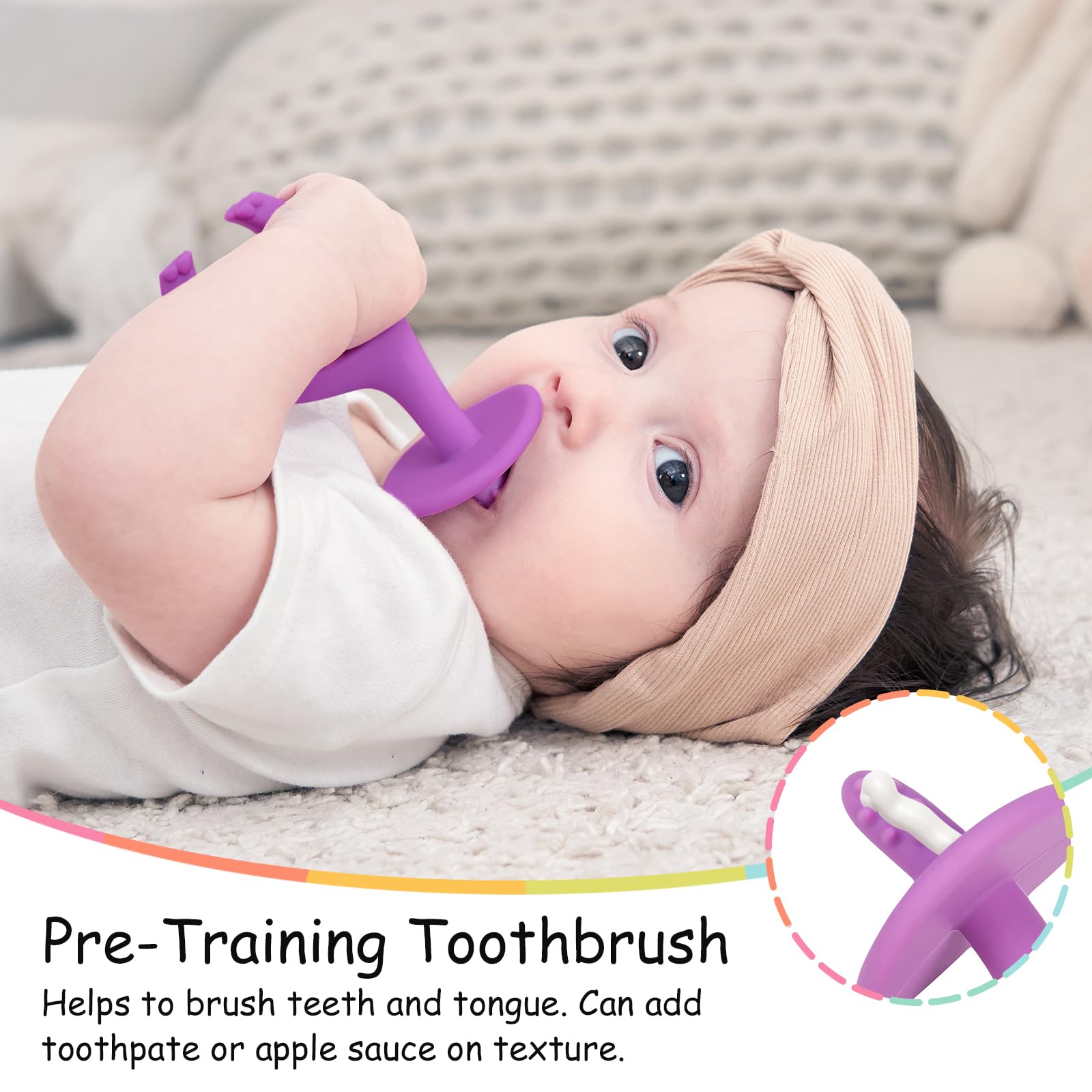 Mombella teething brush nose-bristles aid cleaning.