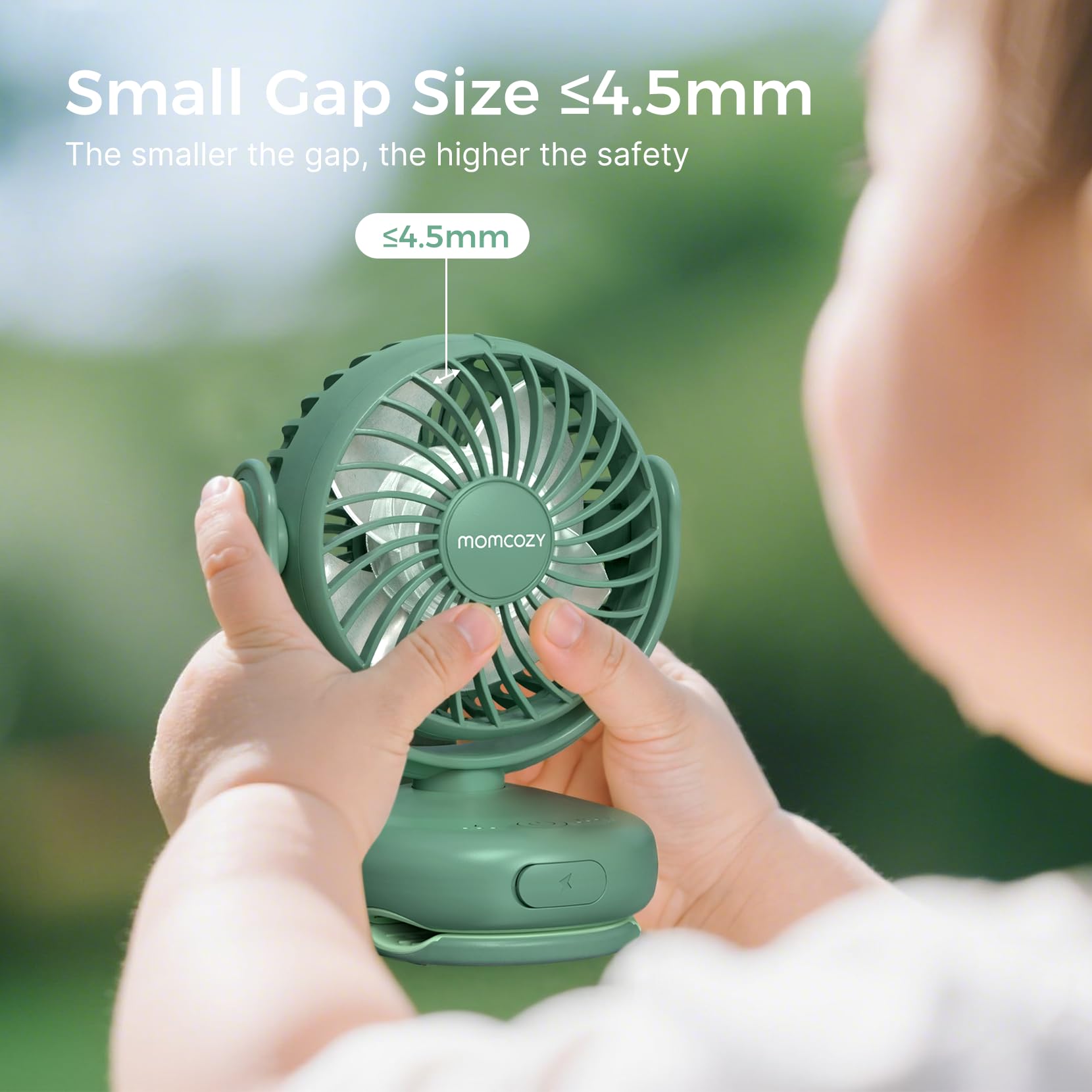 Momcozy portable fan with 2000mAh battery lasts hours of outdoor use.