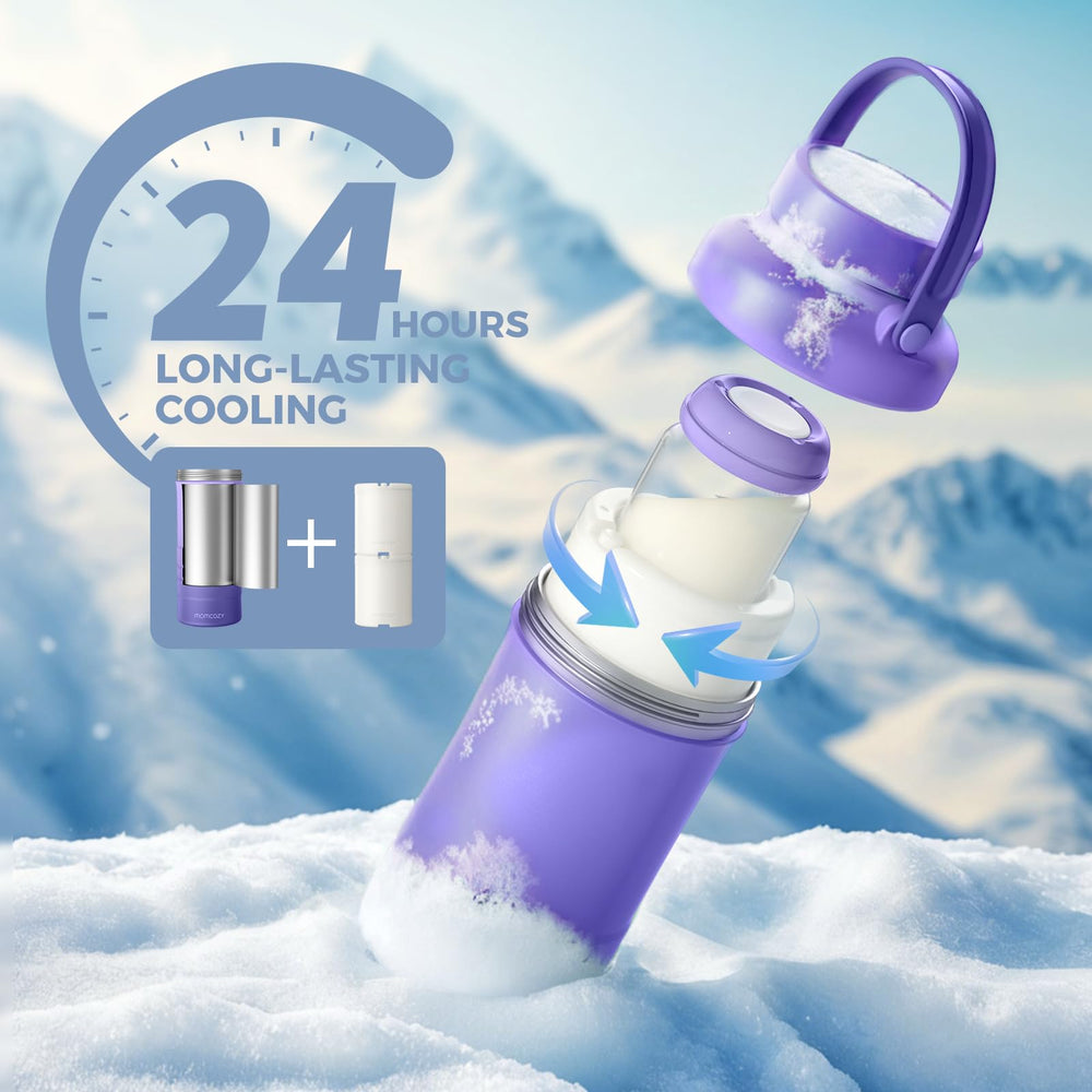 Momcozy 22oz bottles inside the cooler for easy milk storage.