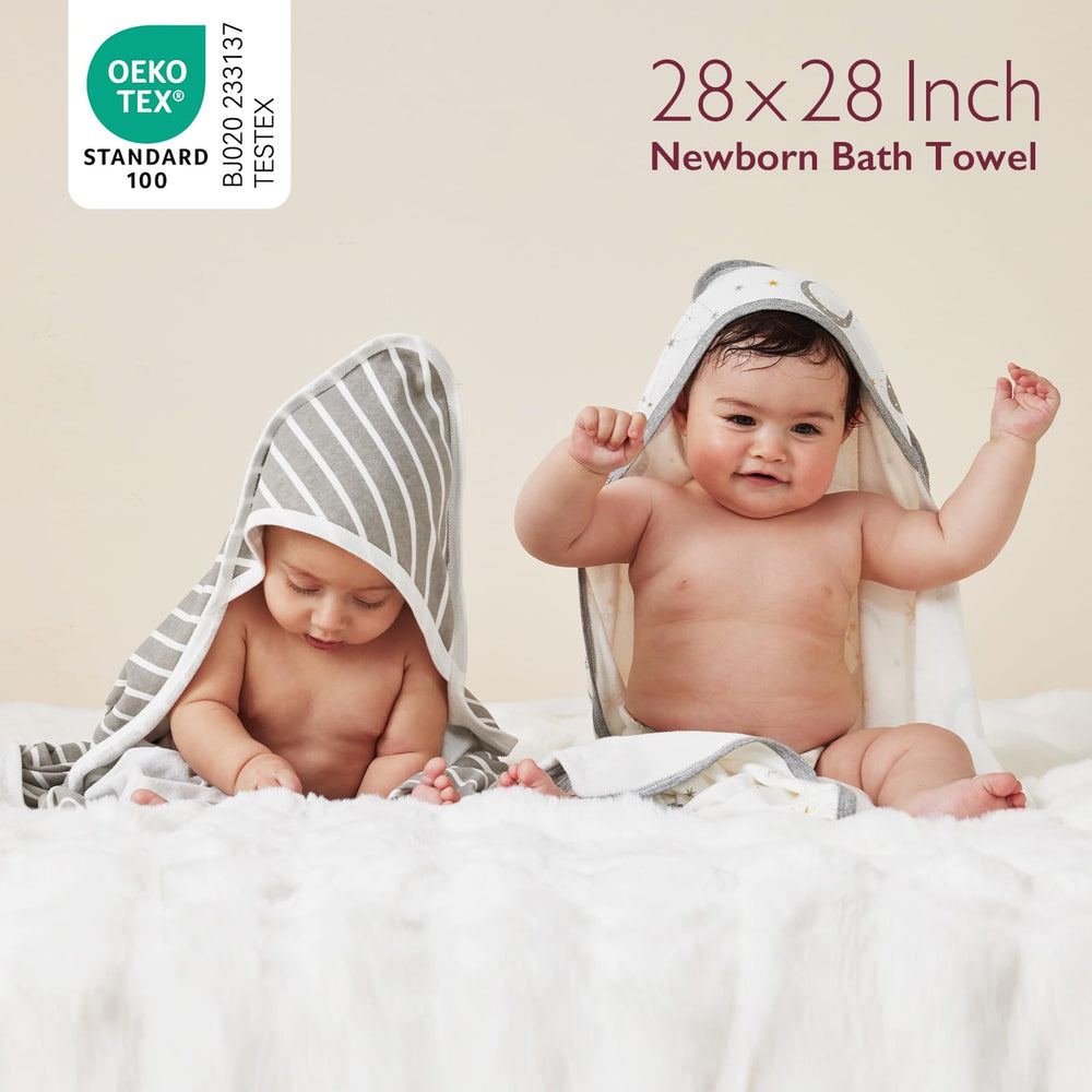 Momcozy 28x28-inch baby towel flat layout highlights generous size for newborns.