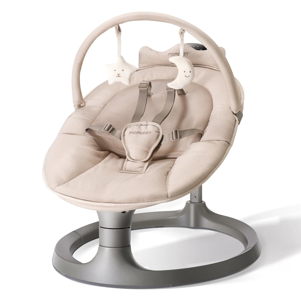 Momcozy 2-in-1 electric baby swing angle view shows versatile soothing options for baby calmness.
