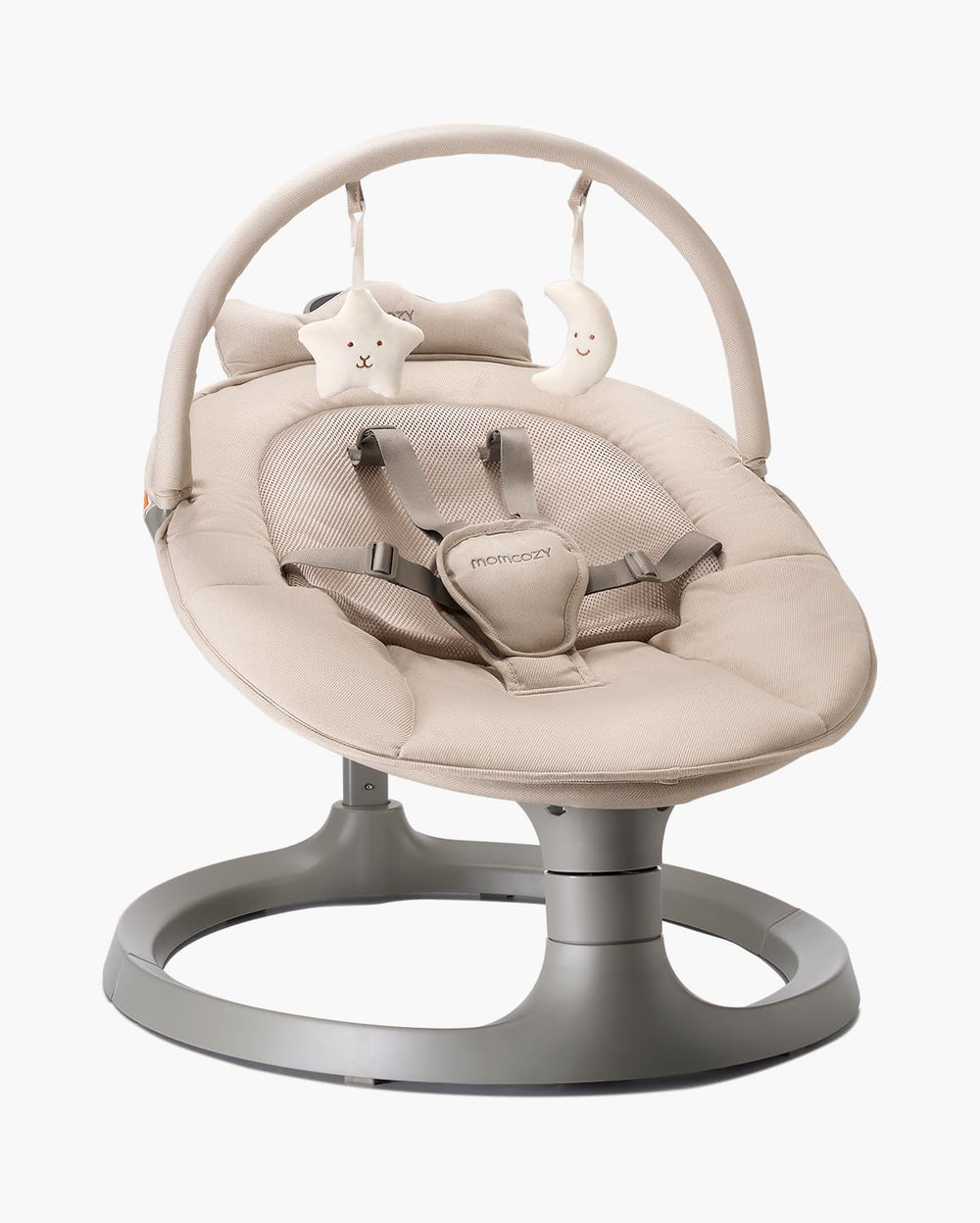 Momcozy 2-in-1 electric baby swing frame shows stable setup for gentle rocking.