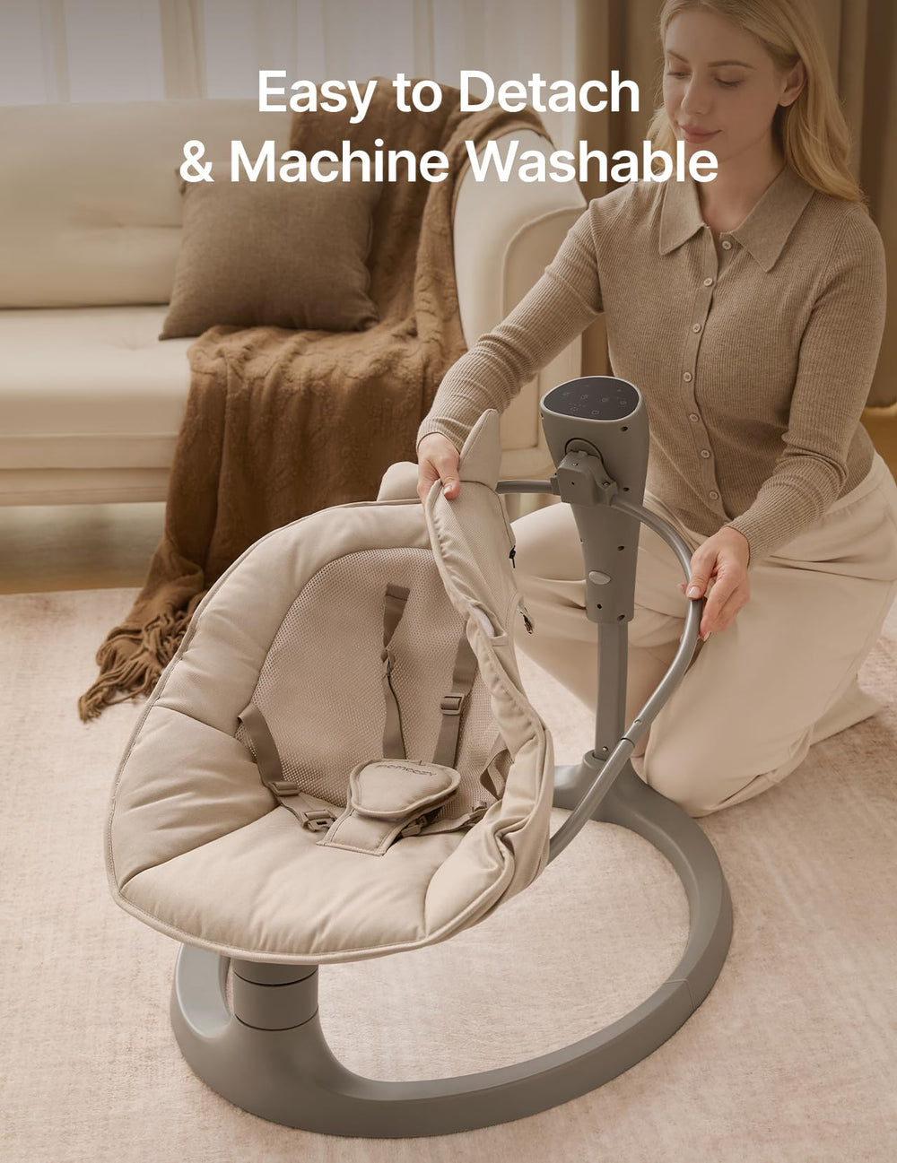 Momcozy 2-in-1 electric swing motions demonstrate four soothing movements for baby.