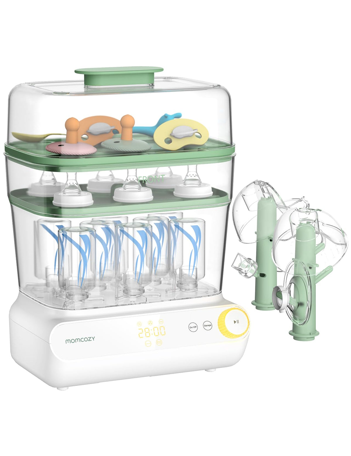 Momcozy 3-layer bottle sterilizer with large capacity for multiple bottles.