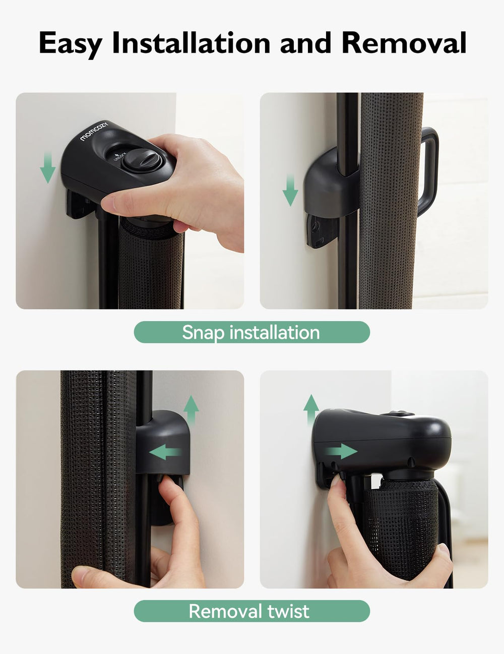 Momcozy 33-inch tall mesh gate shown in doorway setup.