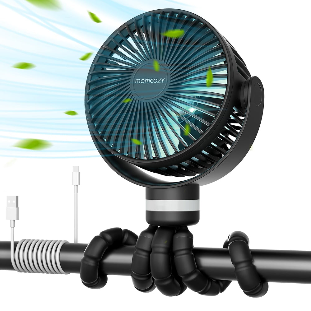 Momcozy portable stroller fan showing long-lasting battery life.