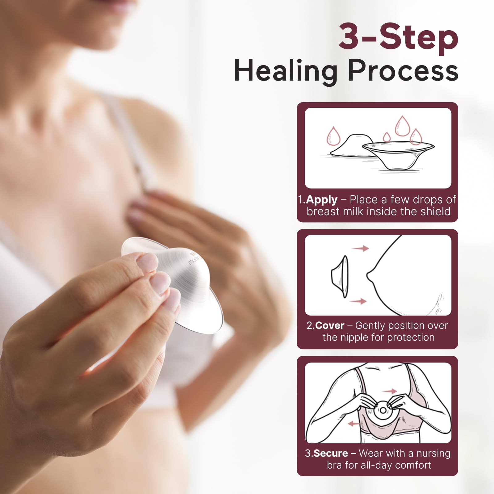 Momcozy 999 silver nipple shields three sizes guide areola-friendly sizing.
