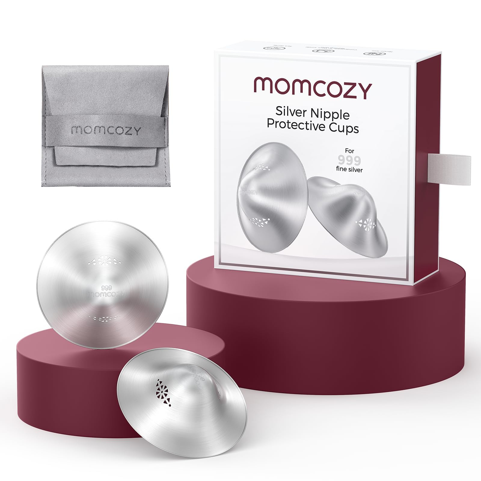 Momcozy 999 silver nursing cups packaging shows premium craftsmanship for breastfeeding comfort.