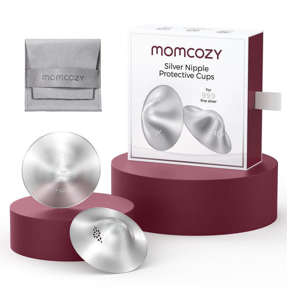 Momcozy 999 silver nursing cups packaging shows premium craftsmanship for breastfeeding comfort.