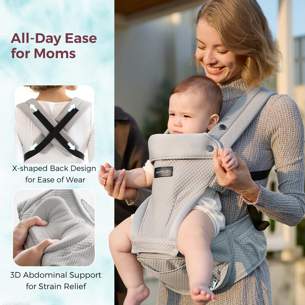 Momcozy adjustable waist strap fits up to 45 inches for secure wear.