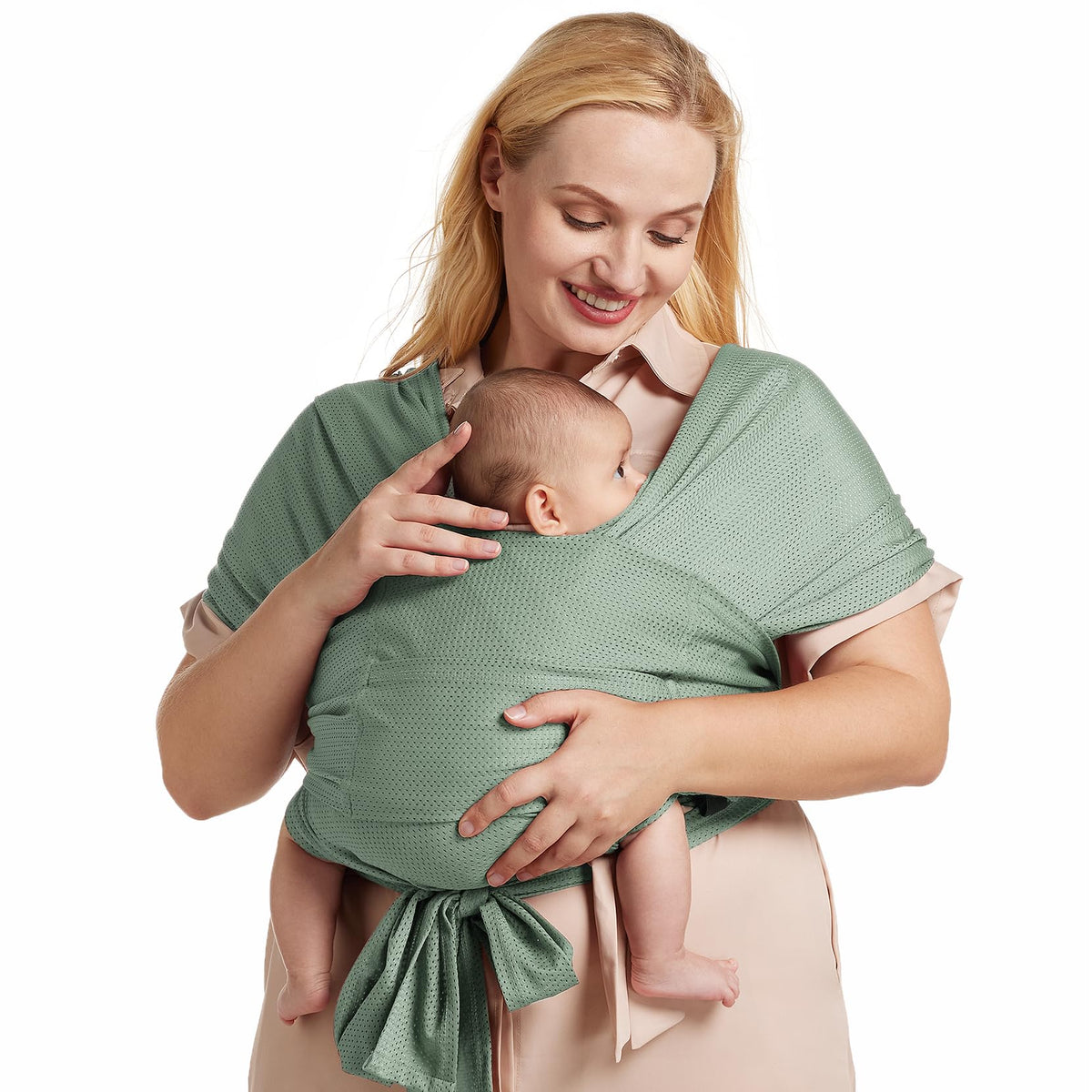Momcozy air-mesh baby wrap shows cooling fabric for summer comfort and breathability.