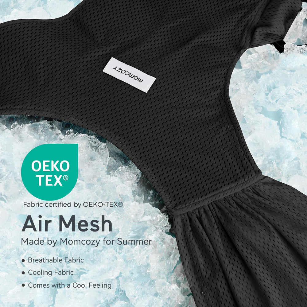 Momcozy AirMesh baby carrier in black showcases baby-in-rings with secure, adjustable fit for growing toddlers.