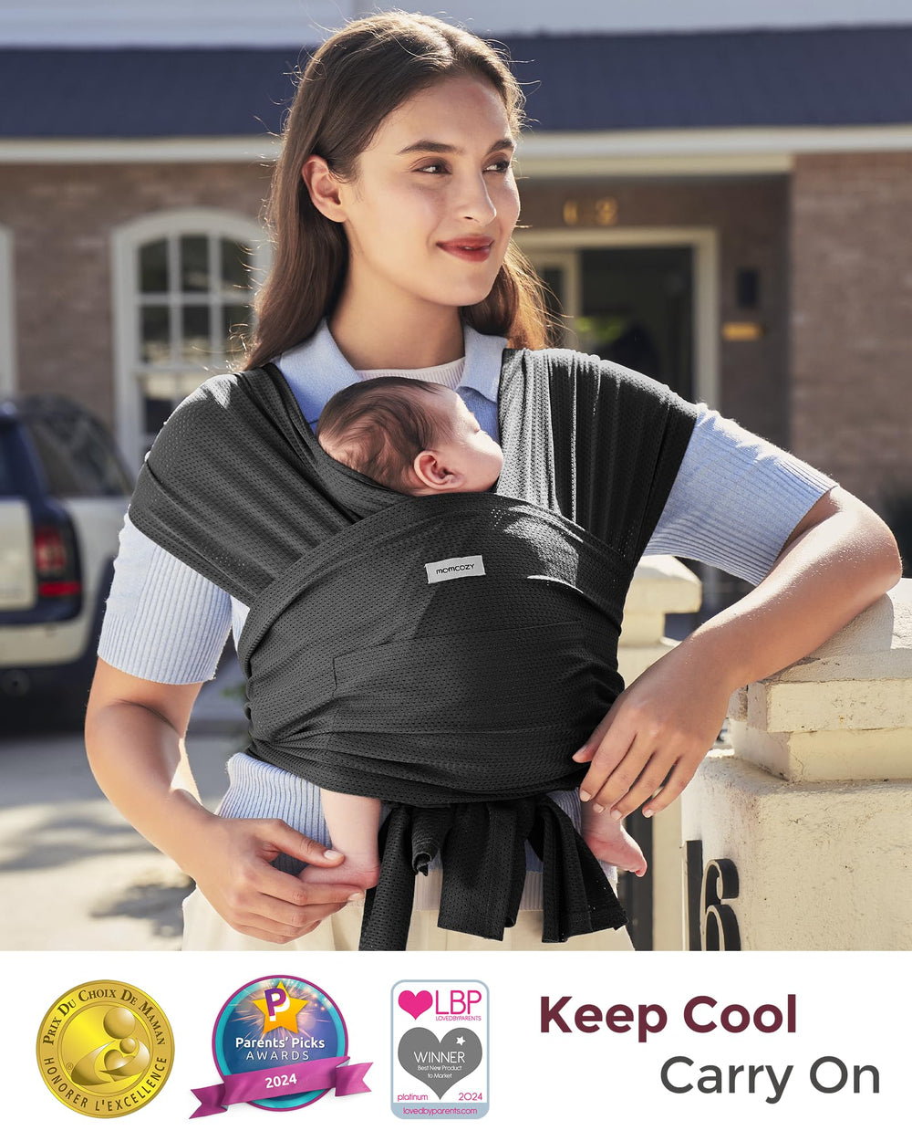 Momcozy AirMesh baby carrier beach-swim ready supports pool or beach adventures.