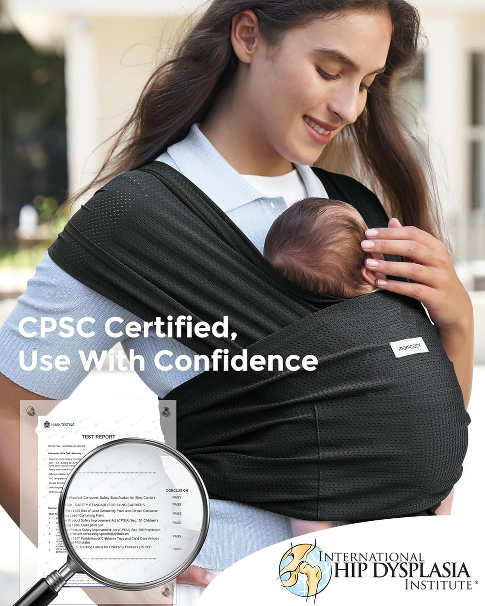 Momcozy AirMesh baby carrier in black highlights ergonomic-shoulder support for reduced strain during carries.