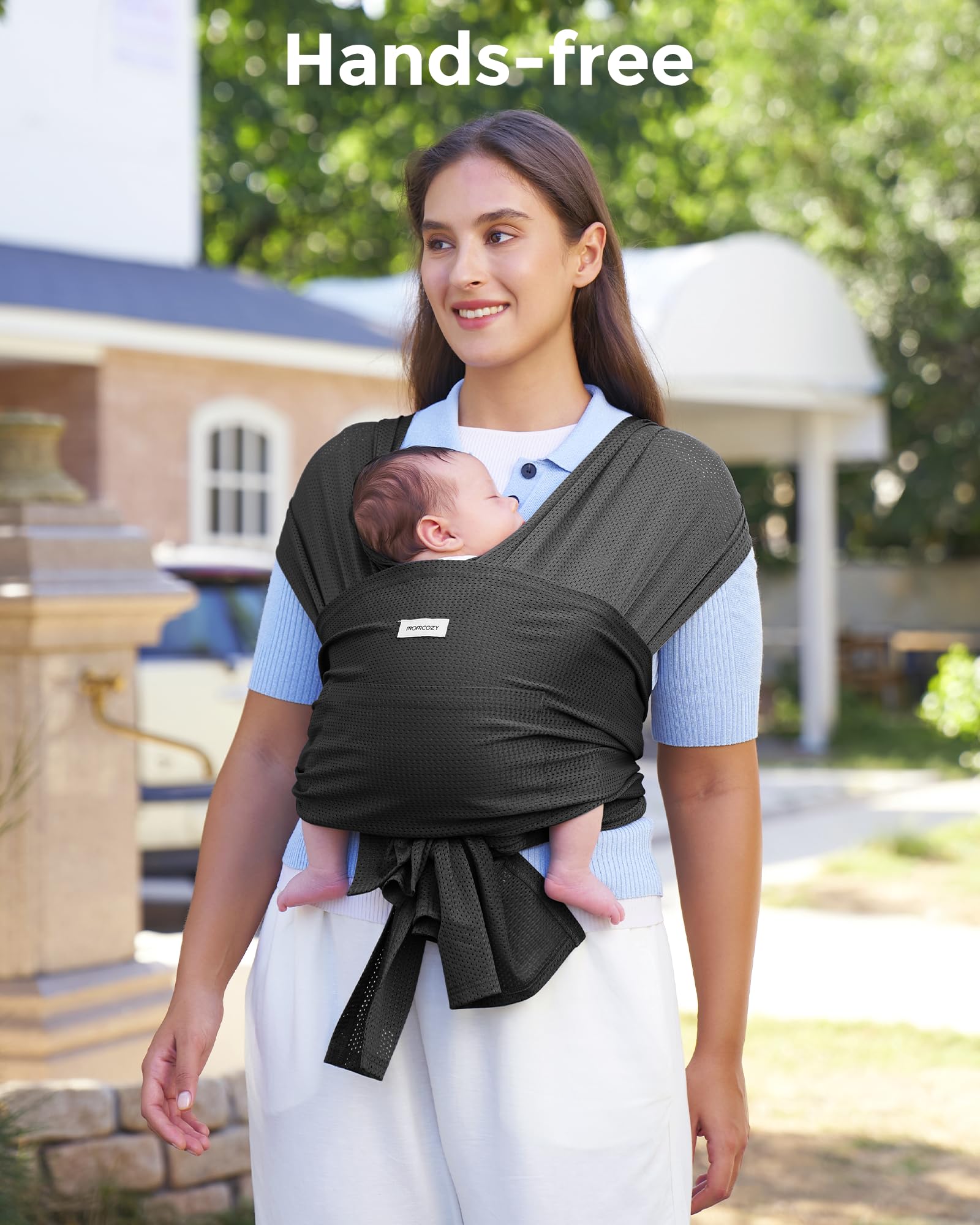 Momcozy AirMesh baby carrier soft-elastic-fabric emphasizes gentle, supportive wrap.