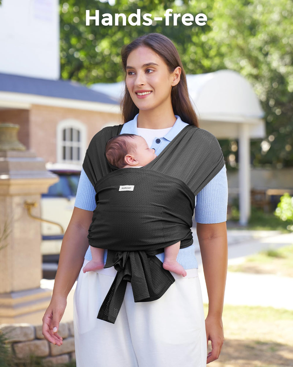 Momcozy AirMesh baby carrier soft-elastic-fabric emphasizes gentle, supportive wrap.