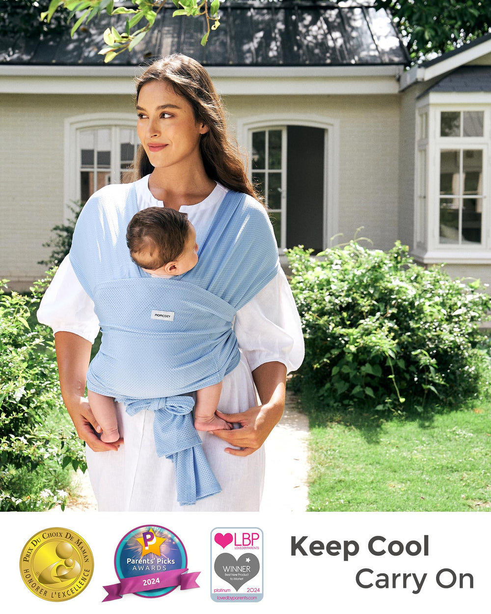Soft elastic fabric of Momcozy AirMesh supports baby's body.