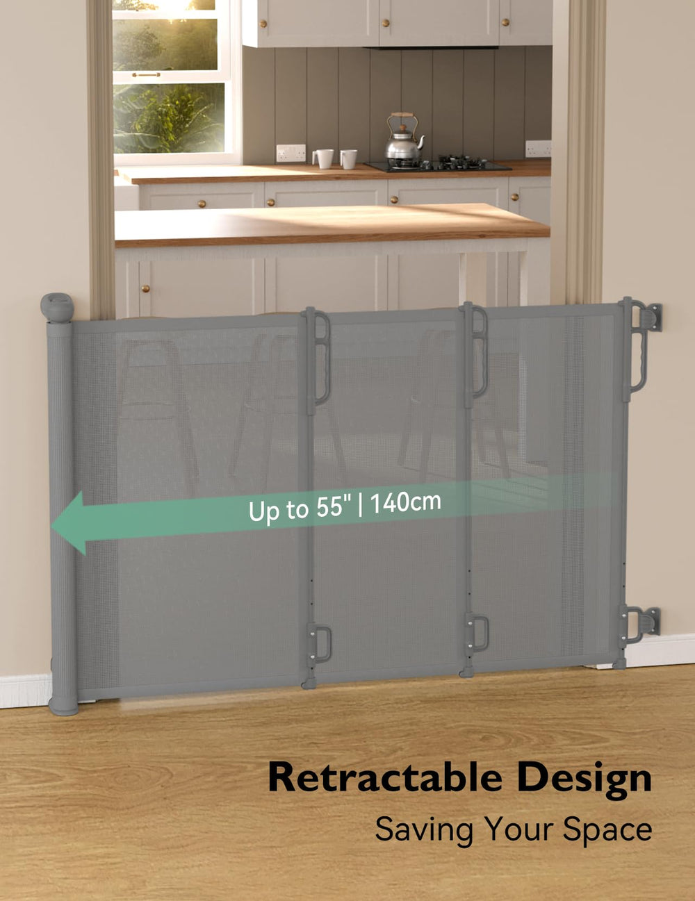 Momcozy retractable gate stores compactly for easy indoor-outdoor storage.