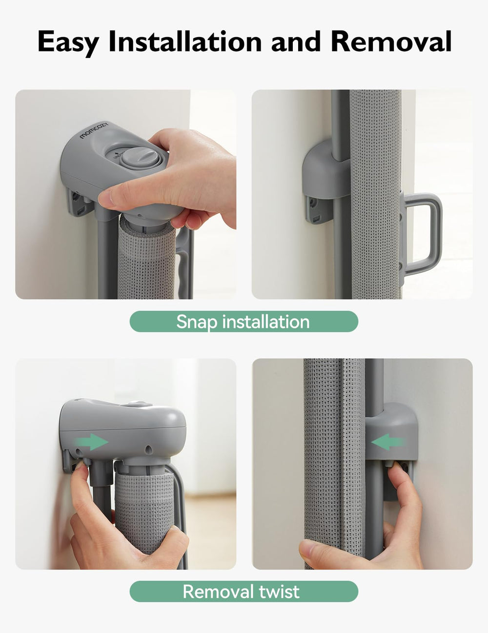 Momcozy mounting brackets and spacers enable skirting-safe doorway installation.
