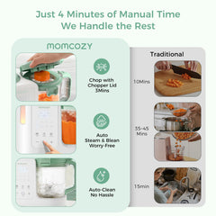 Momcozy AutoMeal cyclone 6-blade design ensures smoother, creamier puree.