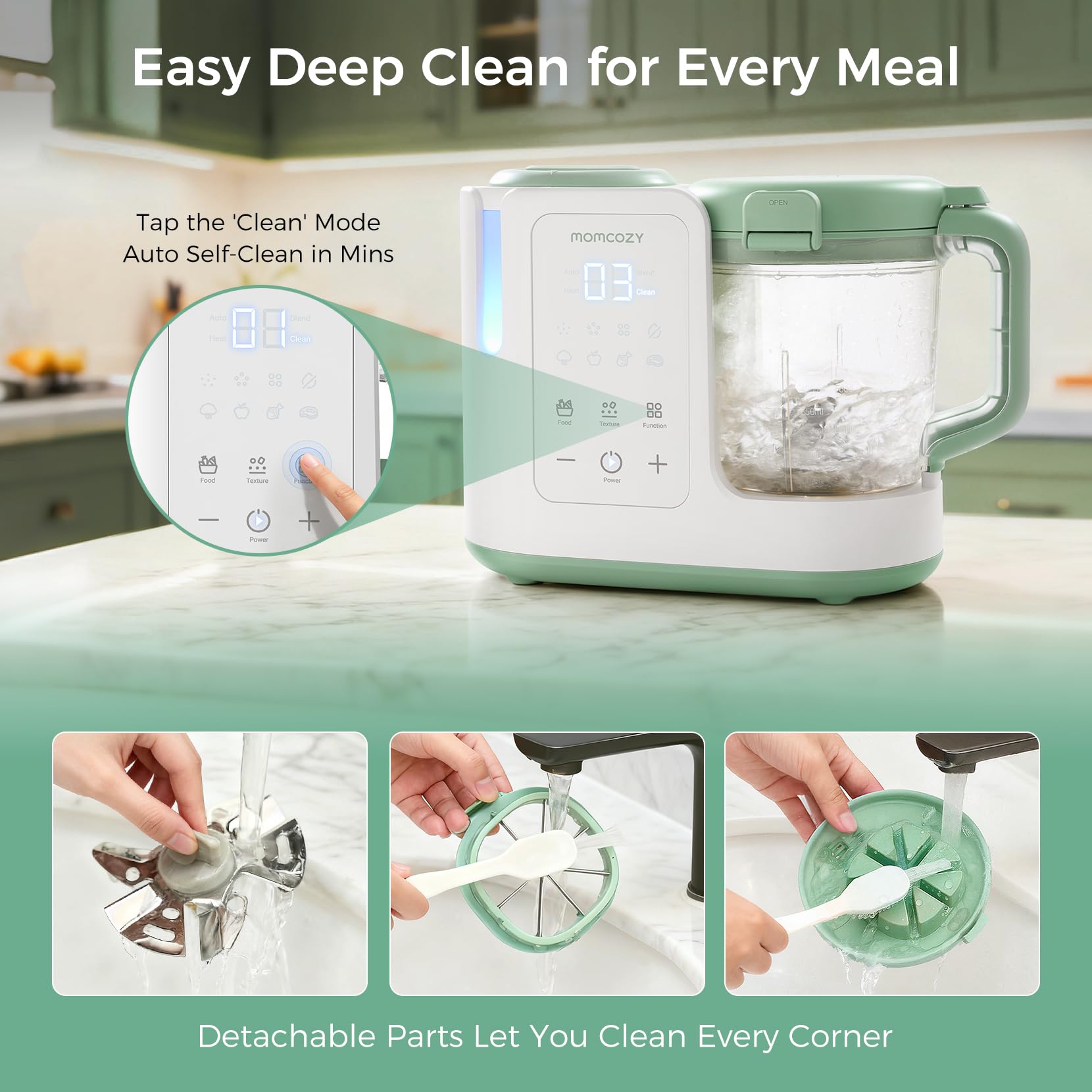Momcozy AutoMeal detachable cup with cleaning brush makes deep cleaning easy.