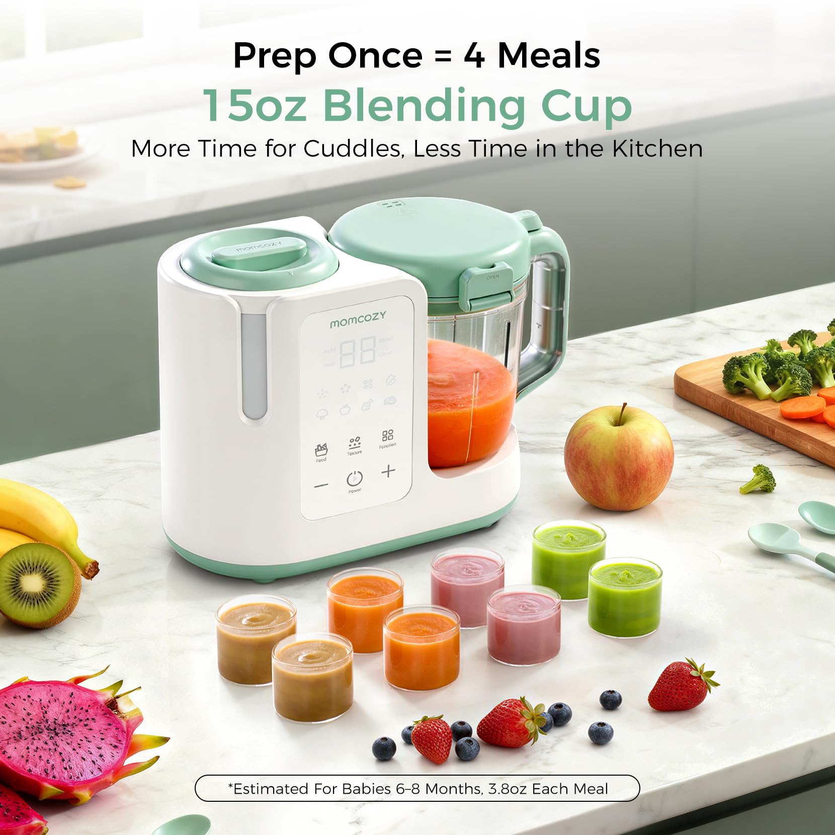 Momcozy AutoMeal self-cleaning mode simplifies cleanup after puree prep.