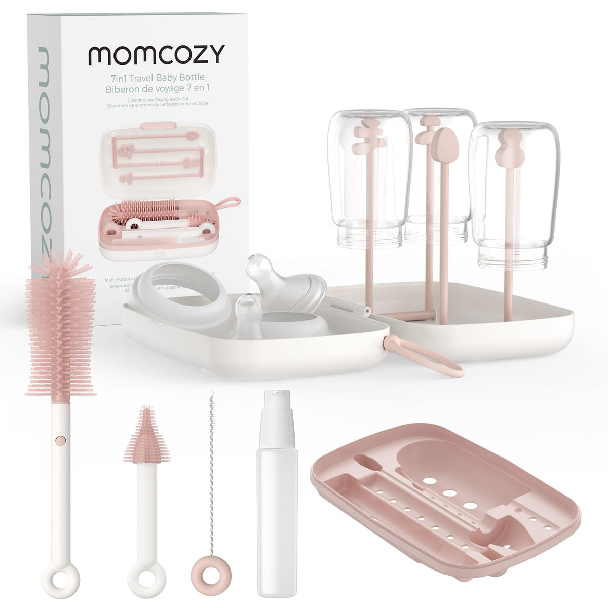 Momcozy bottle brush set silicone brush cleans bottles thoroughly.