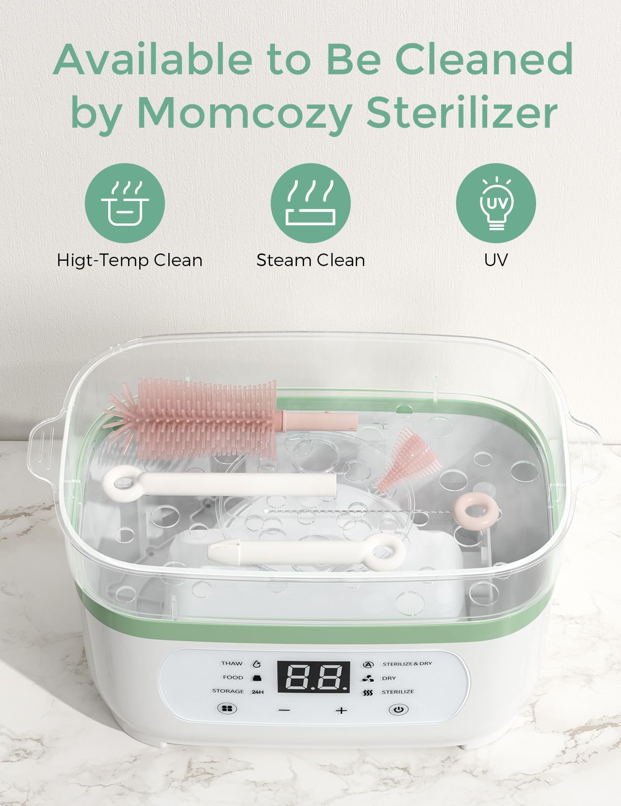 Momcozy soap dispenser provides gentle dispensing for quick bottle scrubs.