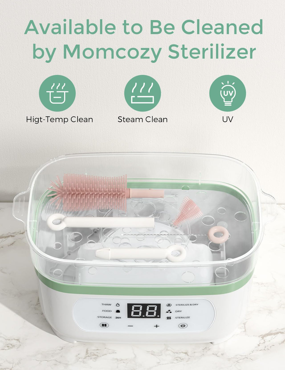 Momcozy soap dispenser provides gentle dispensing for quick bottle scrubs.