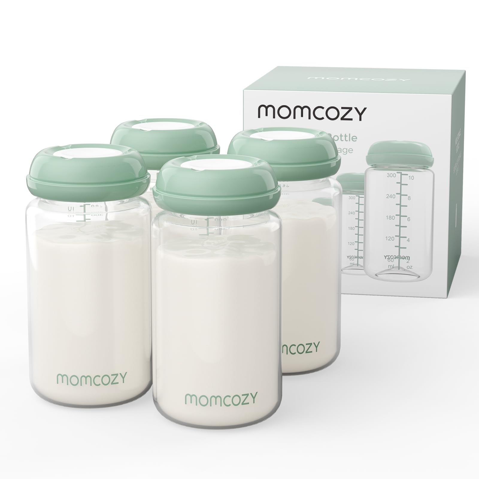 Momcozy baby bottle with wide-neck dock showing pump compatibility for expression and feeding