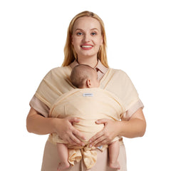 Momcozy Baby Carrier AirMesh beige wearing shows comfortable all-day wear for parent and baby.