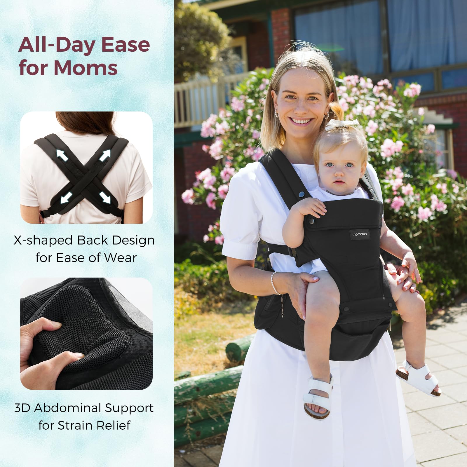 Momcozy all-seasons fabric keeps baby and parent comfortable year-round.