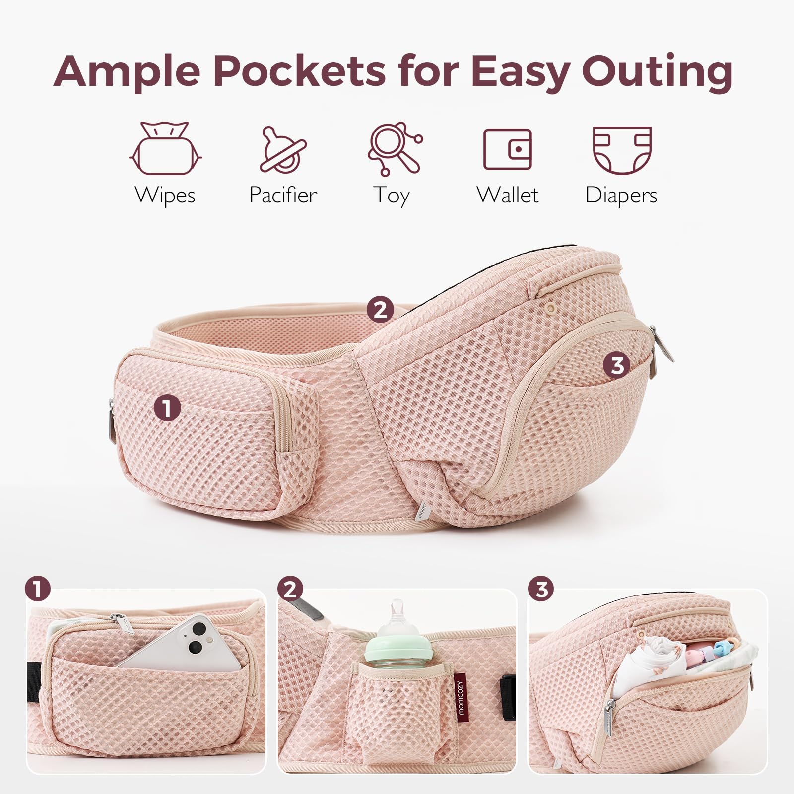 Momcozy detachable upper carrier shows compact storage and easy on-the-go transitions.