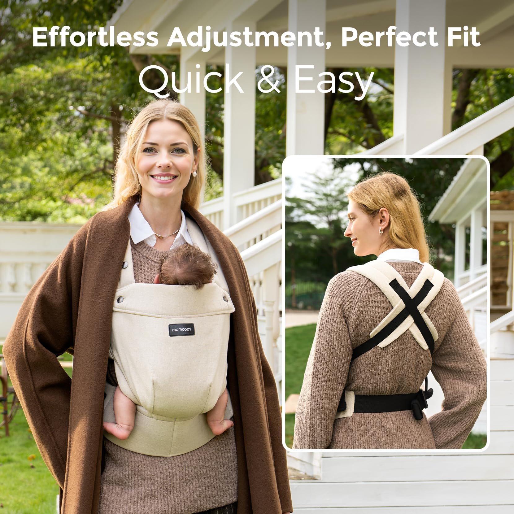 Momcozy Baby Carrier EVA waist support relieves back strain during long walks.