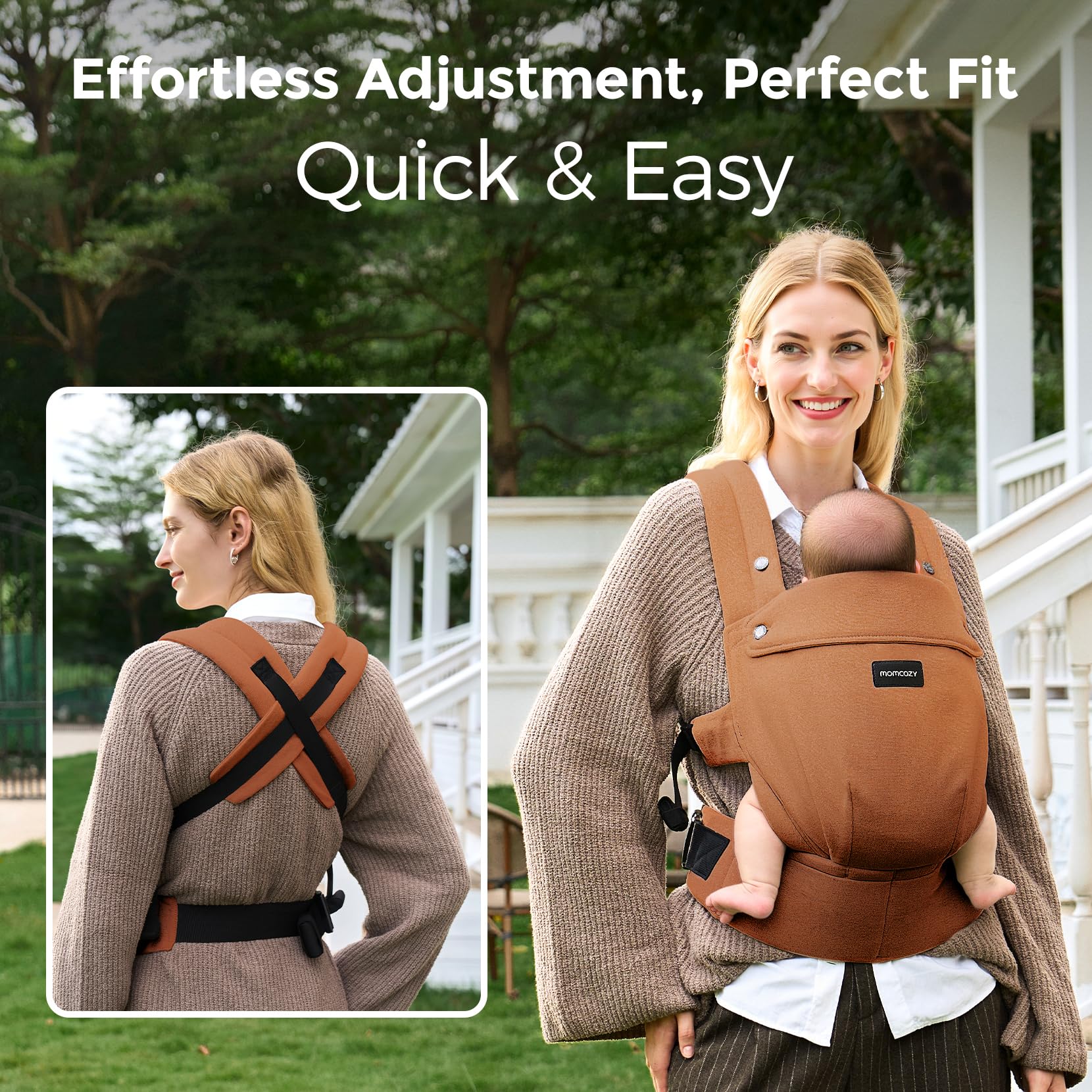 Momcozy baby carrier EVA waist support reduces back strain during wear.