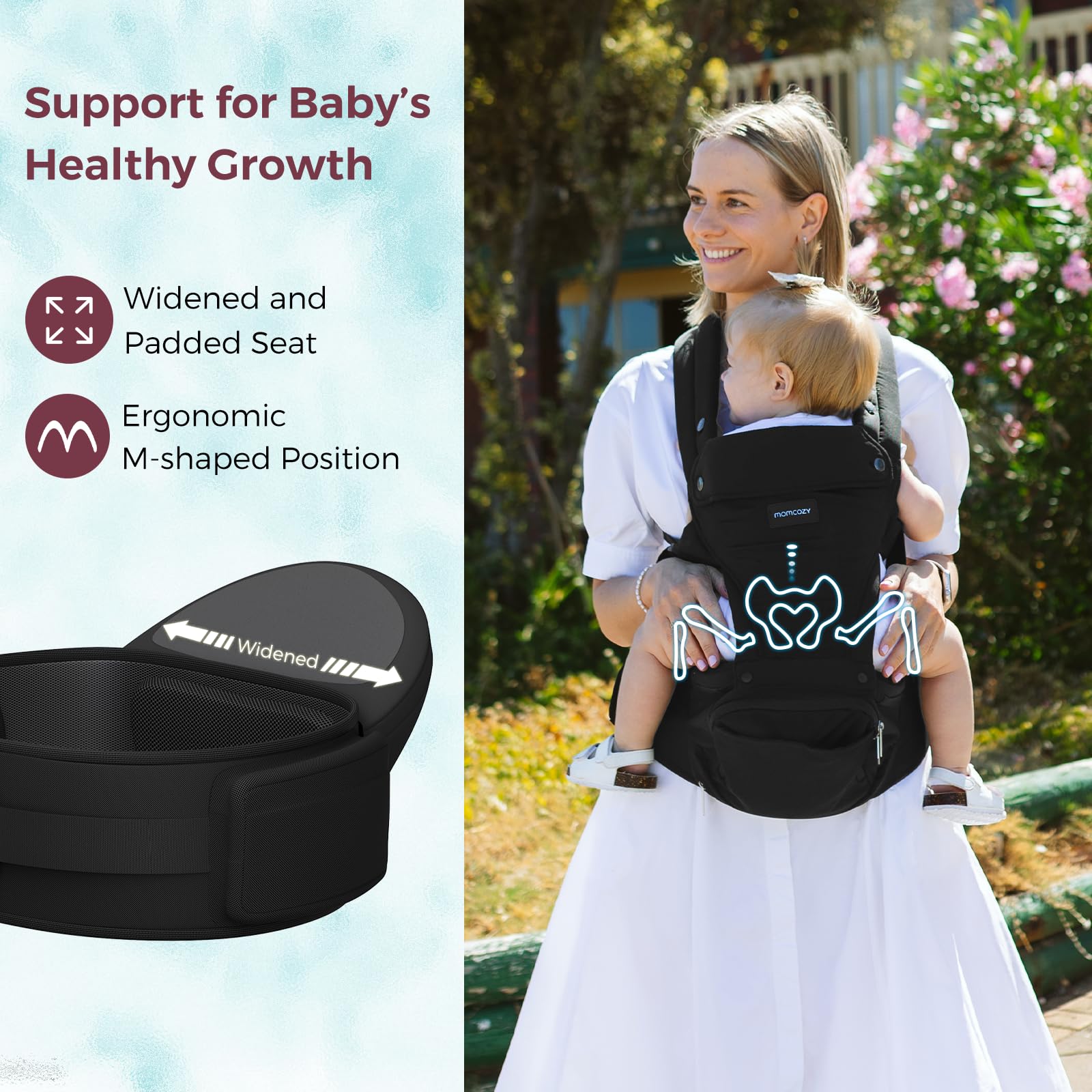 Momcozy foam-cushioned seat cushions tiny rides with shock absorption.