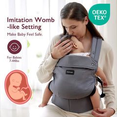 Momcozy baby carrier front hip position grey highlights ergonomic seating for baby's hips